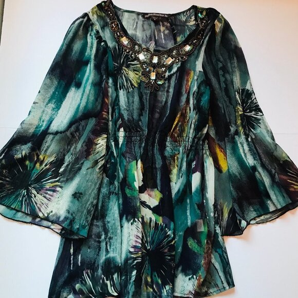 Mushka by Sienna Boho Tunic Rose Sheer Flowy Beaded Top Shirt Watercolor Print M - Picture 12 of 16